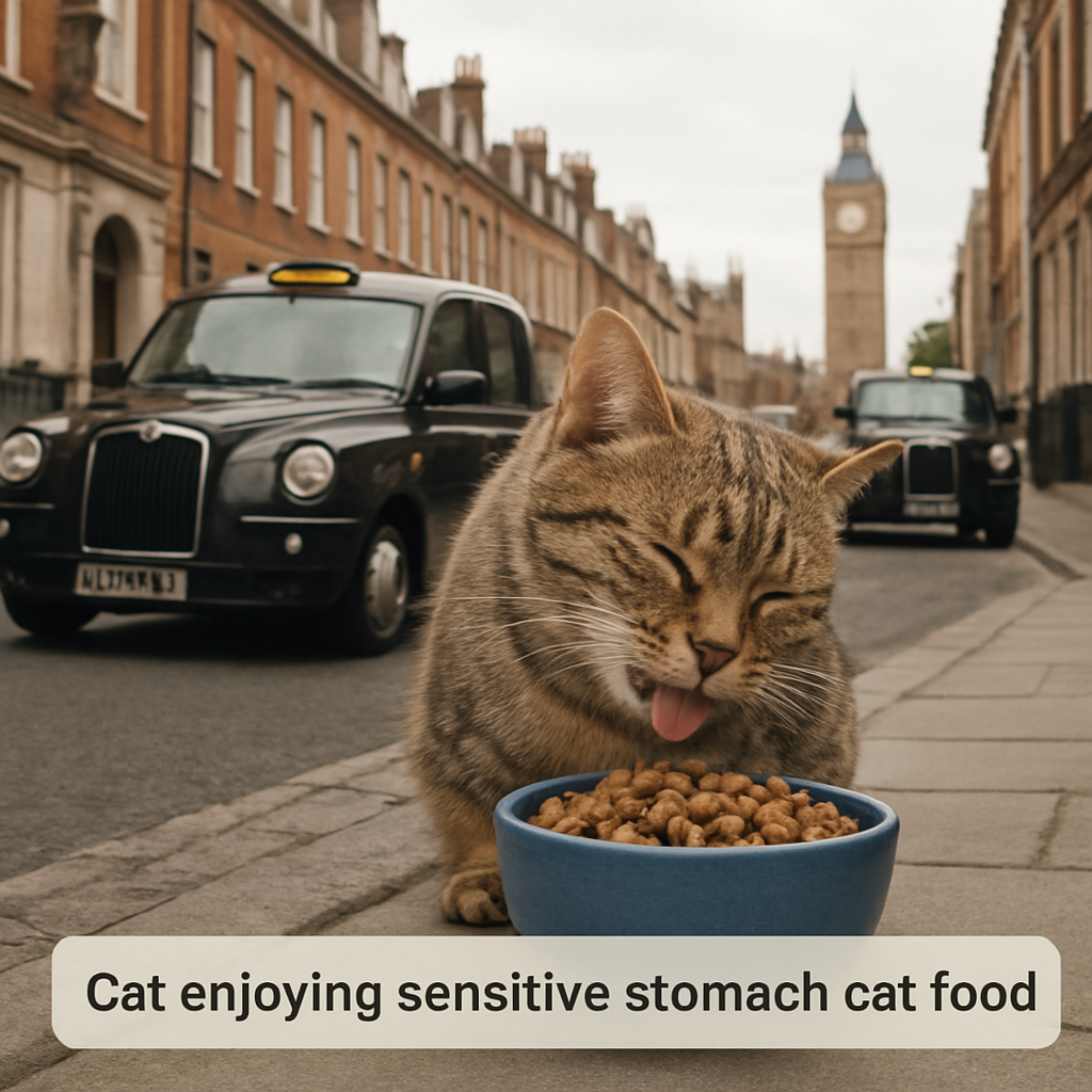 A cat happily eating a bowl of high‑protein, grain‑free cat food. Alt: Cat enjoying sensitive stomach cat food UK.