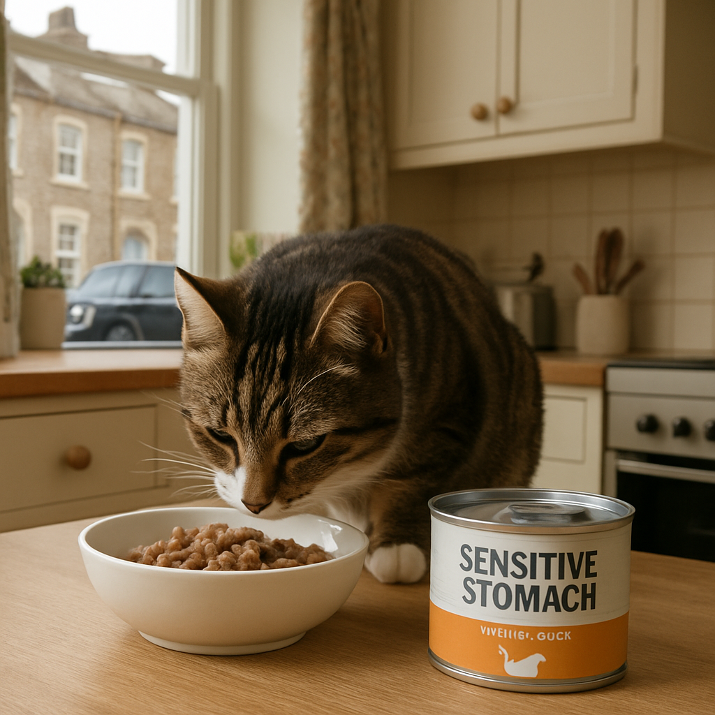 A cosy UK kitchen scene showing a cat sniffing a bowl of protein‑forward wet cat food, emphasising the theme of best cat food for sensitive stomach uk. Alt: best cat food for sensitive stomach uk in a cosy UK kitchen.