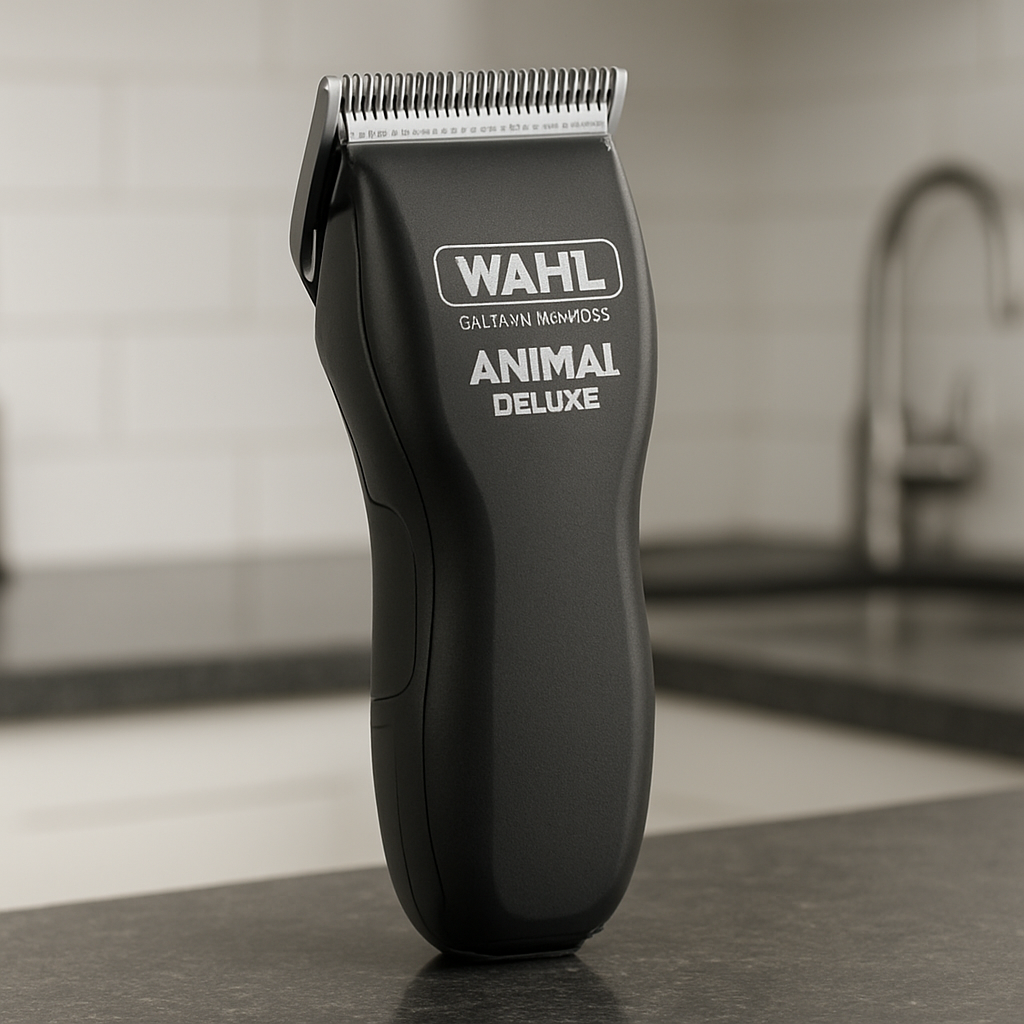 A close‑up of the Wahl Professional Animal Deluxe Clipper in a sleek kitchen setting, showing the detachable stainless steel blade and ergonomic handle. Alt: Wahl Professional Animal Deluxe Clipper best cat grooming clippers