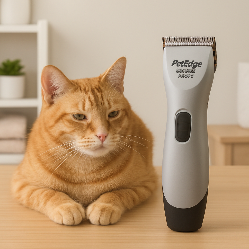 A close‑up of the PetEdge Professional Pet Grooming Clipper in a bright, tidy home grooming setup, showing a relaxed cat and the lightweight tool. Alt: PetEdge professional pet grooming clipper best cat grooming clippers