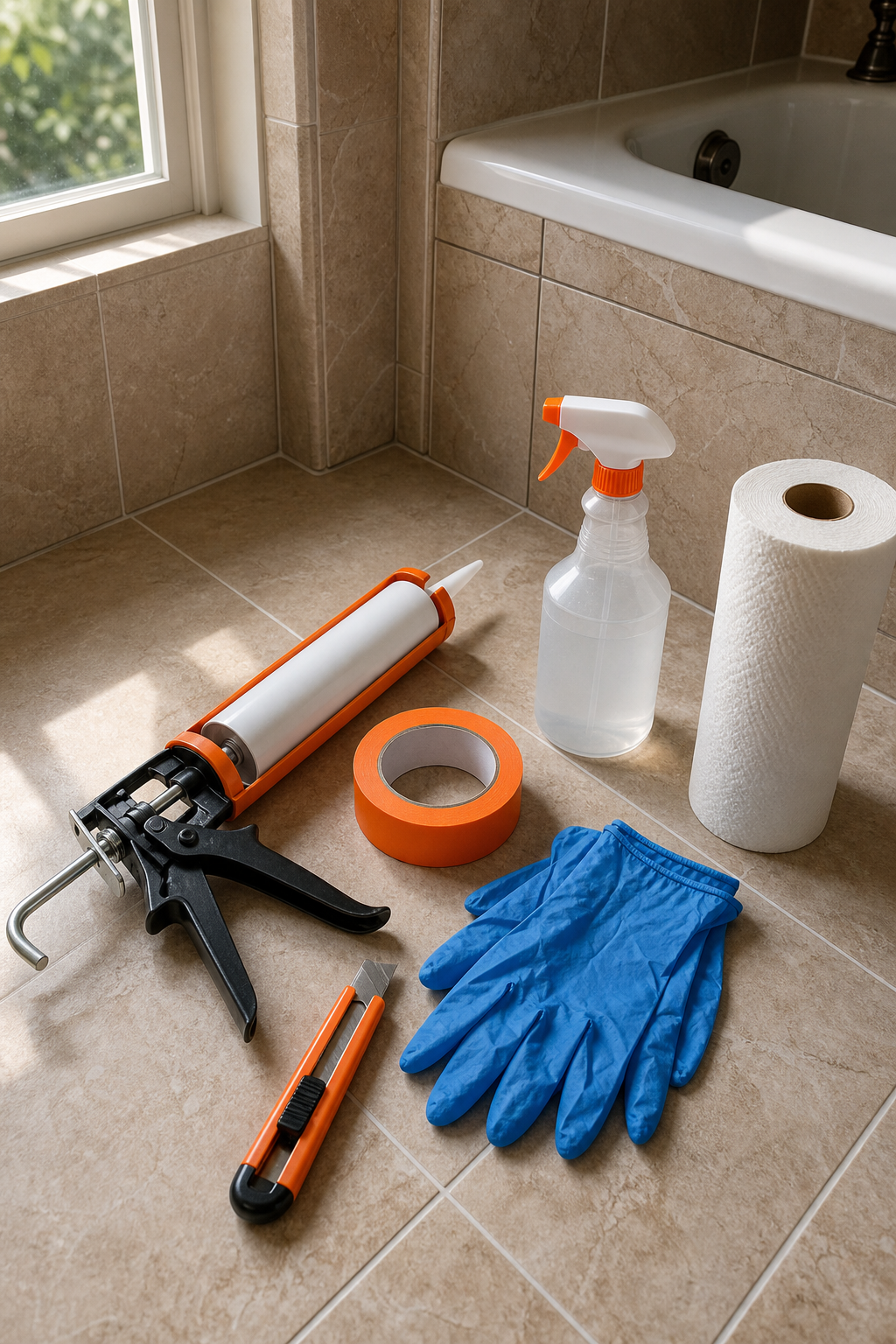 A realistic flat-lay photograph on a bathroom floor showing caulking tools arranged neatly: a caulk gun, utility knife, painter's tape, a spray bottle of isopropyl alcohol, nitrile gloves, and a roll of paper towels. Natural light from a nearby window, warm tones, brand-neutral items. Alt: tools and supplies needed for caulking bathroom tile joints.