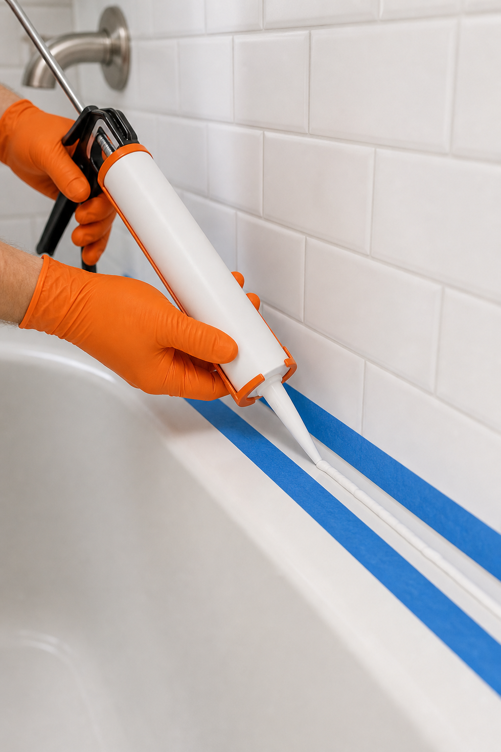 A realistic close-up photograph of a person in nitrile gloves applying a smooth bead of white silicone caulk along the joint between white subway tiles and a white bathtub edge, with painter's tape on both sides of the joint. Natural bathroom lighting, clean and professional appearance. Alt: applying silicone caulk to bathroom tile and tub joint for a watertight seal.