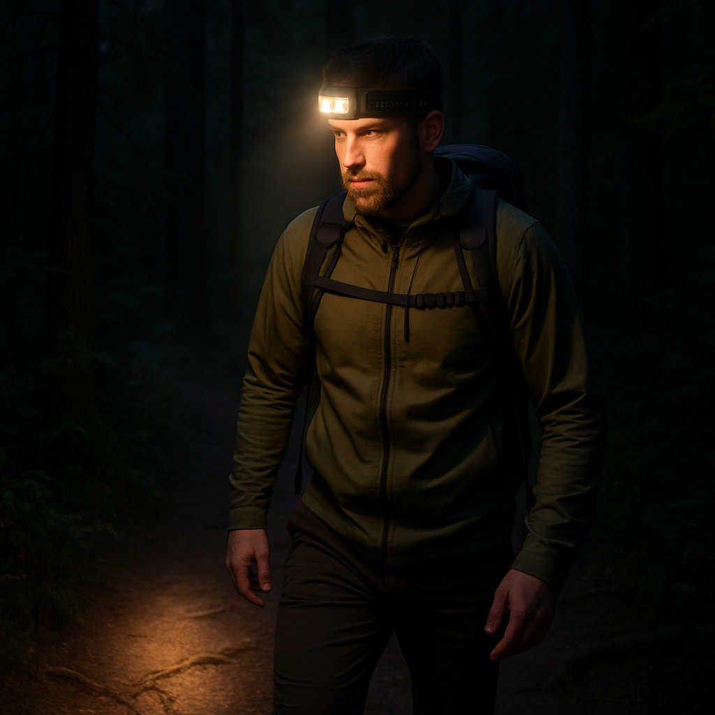 A hiker wearing the 123 NightLite headlamp on a dim forest trail at night, showing the soft silicone headband and a warm, focused beam illuminating the path. Alt: 123 NightLite best cheap rechargeable headlamp in action
