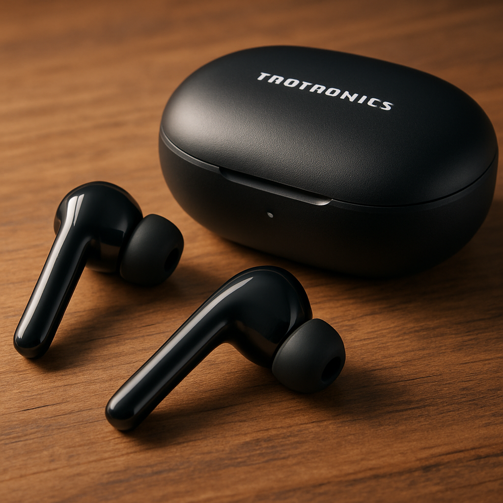 A close‑up of TaoTronics SoundLiberty 92 earbuds resting on a wooden desk with soft lighting, showing the sleek stems, silicone tips, and charging case. Alt: TaoTronics SoundLiberty 92 earbuds high‑resolution product image highlighting design and case.
