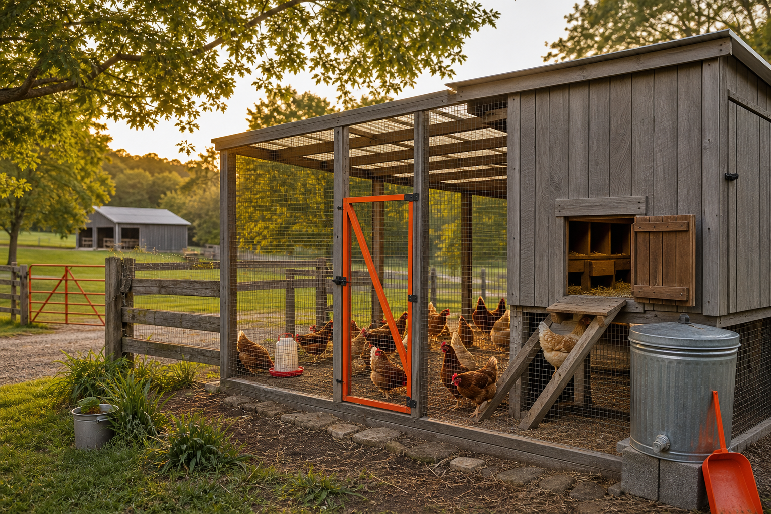 Working homestead chicken coop for laying hens with covered run