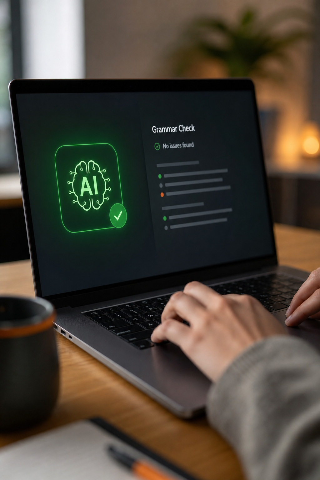 A photorealistic close-up of a laptop keyboard with a glowing green AI icon on the screen, suggesting real-time grammar checking. Alt: AI grammar checker extension real-time grammar check