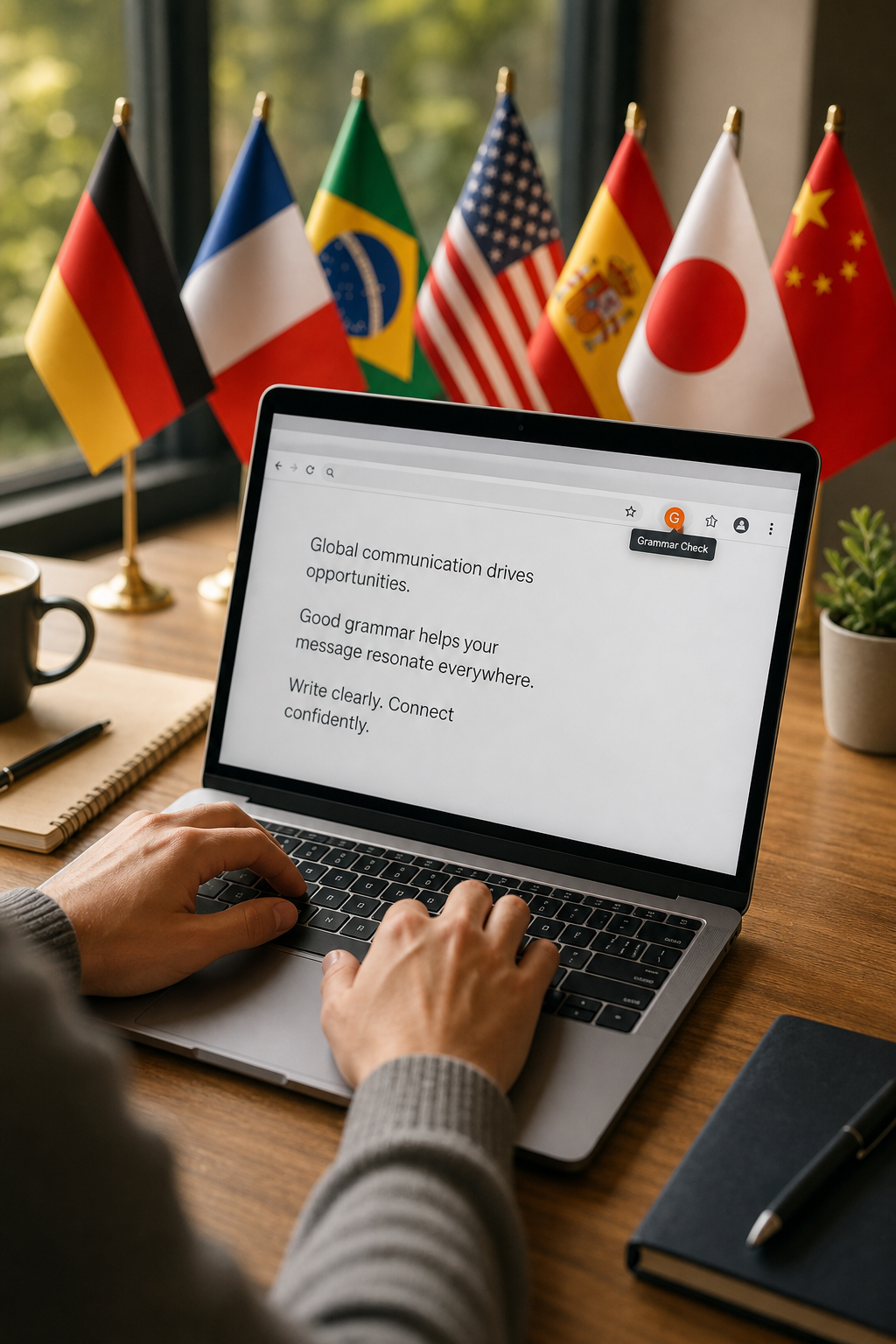 A photorealistic image of a person typing on a laptop with a grammar check icon visible in the browser toolbar, surrounded by multiple language flags. Alt: Multilingual grammar check Chrome extension