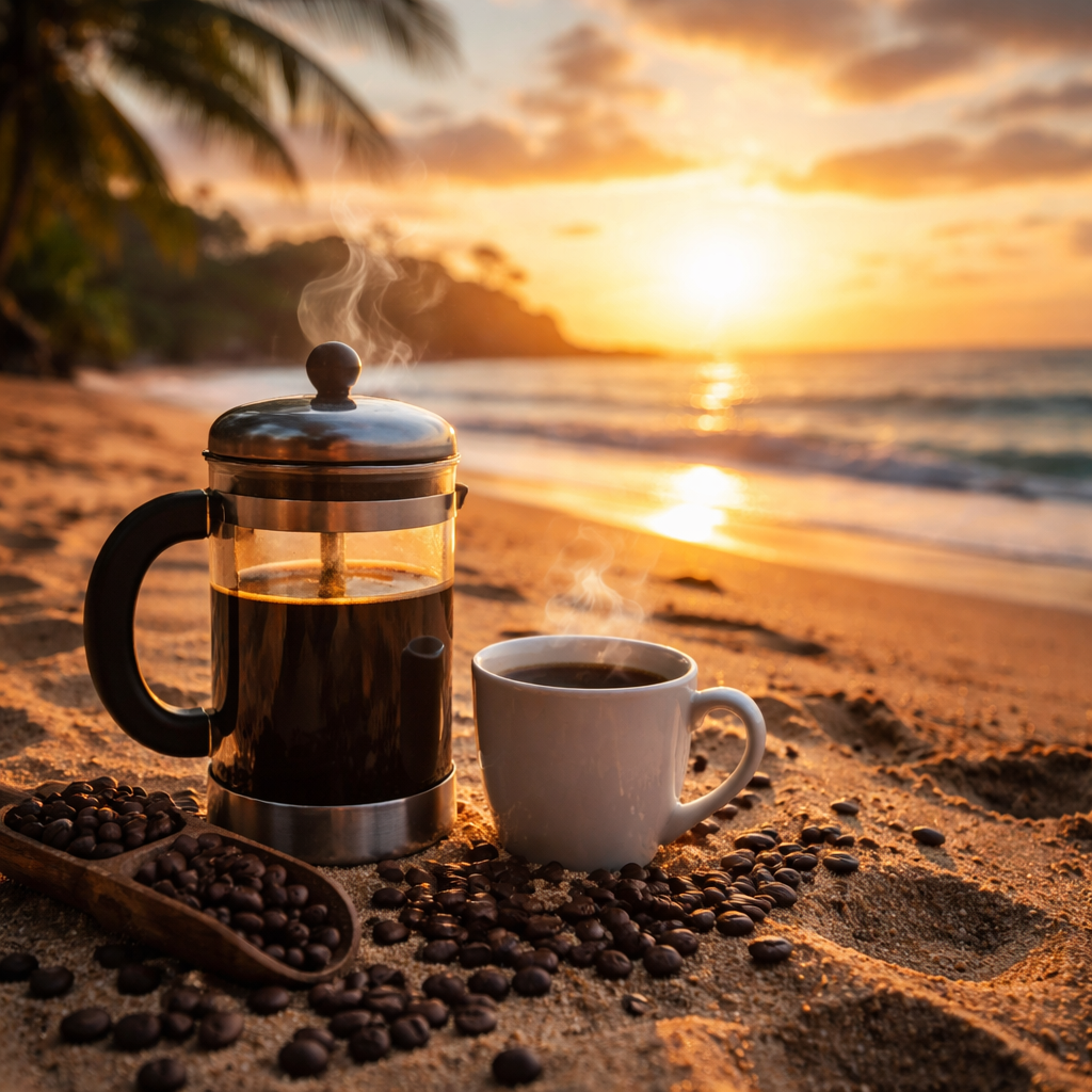 A photorealistic sunrise over a tropical beach with a steaming French press and dark roasted coffee beans scattered on sand, Realism style, Alt: dark roast beach coffee.