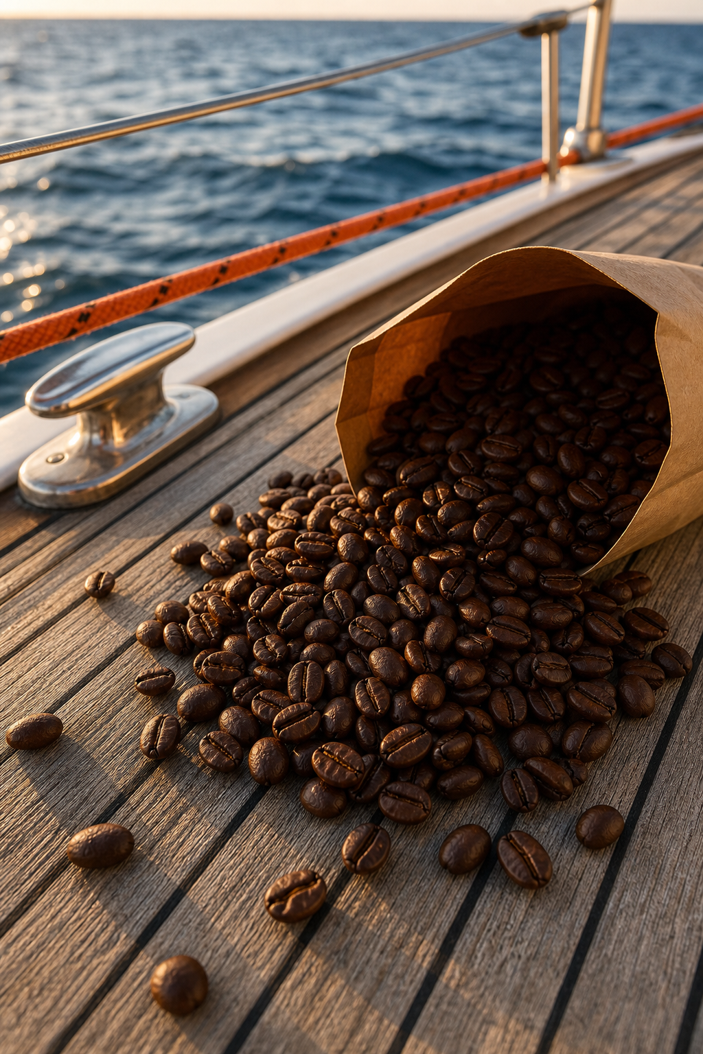 A realism-style photo of whole roasted coffee beans spilling from a kraft paper bag onto a weathered teak boat deck, with ocean water visible in the background and warm golden light catching the beans' oily surface. Alt: fresh roasted coffee beans for sailing trips on a boat deck.