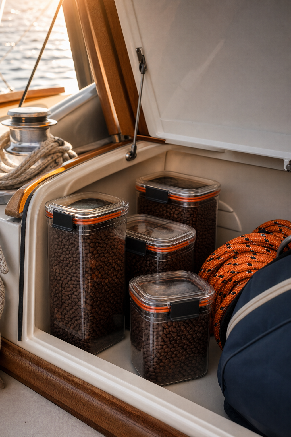 A realism-style photo of several airtight vacuum-sealed coffee canisters sitting in a boat's galley storage compartment, surrounded by rope and marine gear, with warm ambient light. Alt: airtight coffee storage containers on a sailboat galley.