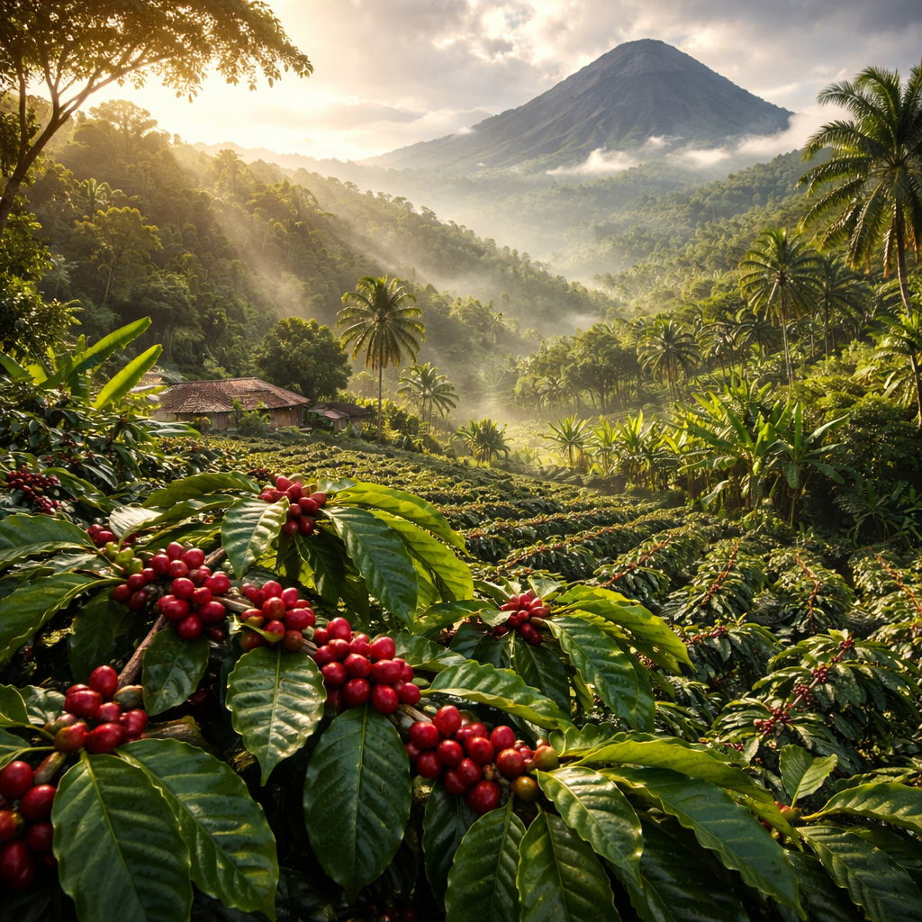 A realistic scene of a coffee farm on a misty tropical mountain, showing coffee trees with ripe red cherries, a volcanic soil background, and bright sunlight filtering through clouds. Alt: coffee farm in tropical highlands, ideal for best coffee beans for tropical climates.