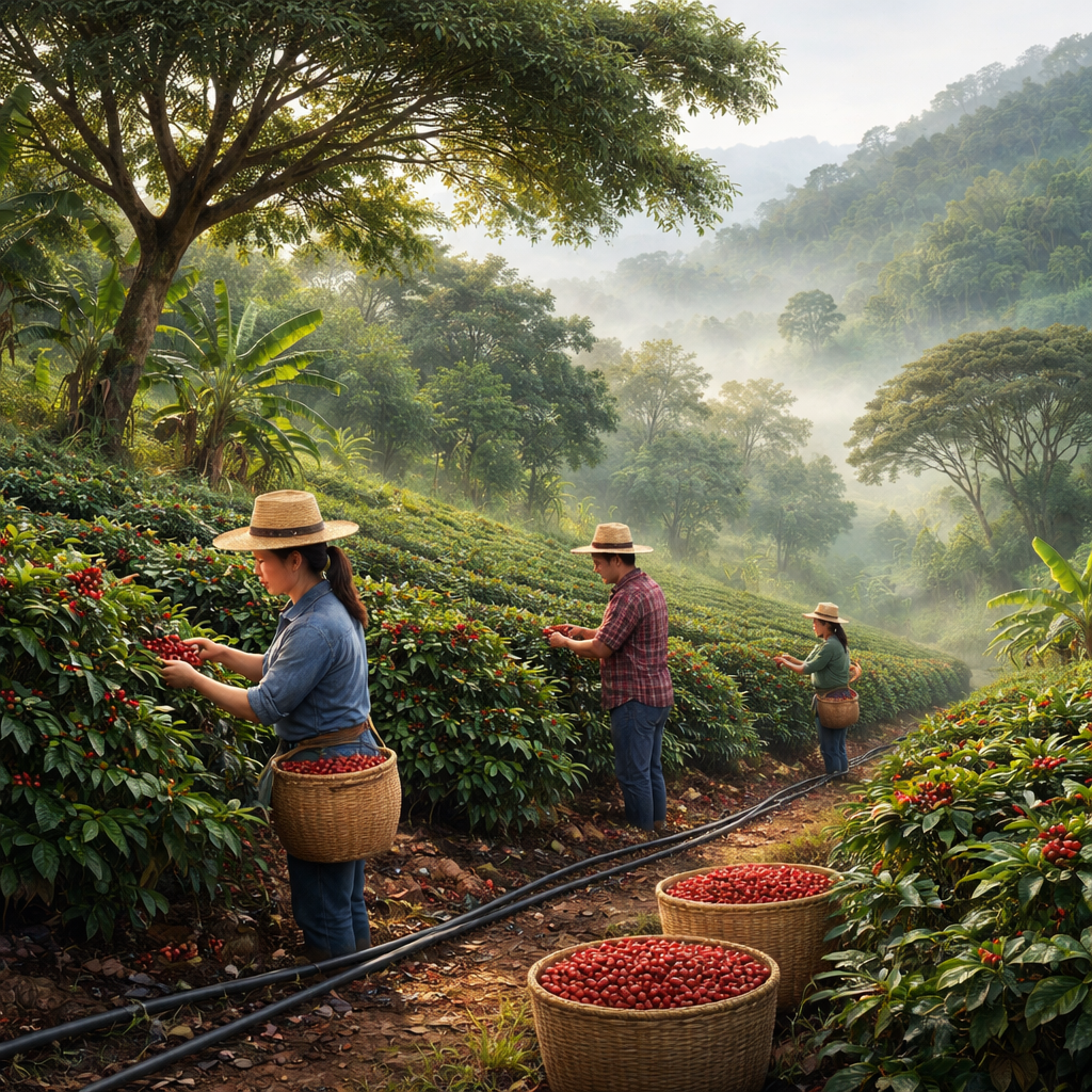 A realistic illustration of a tropical coffee plantation with shade trees, drip irrigation lines, and workers hand‑picking ripe red cherries on a misty hillside. Alt: well‑managed coffee farm for best coffee beans for tropical climates.