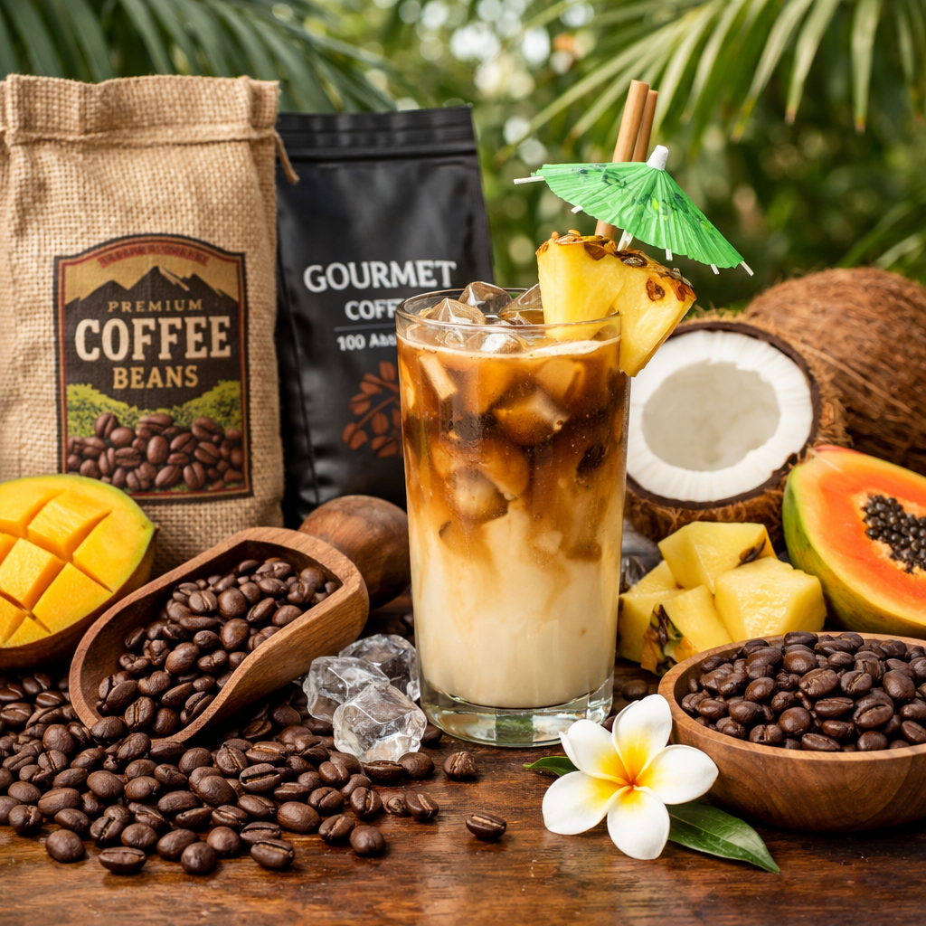 A photorealistic image related to best-coffee-beans-for-tropical-iced-latte. Alt: best-coffee-beans-for-tropical-iced-latte