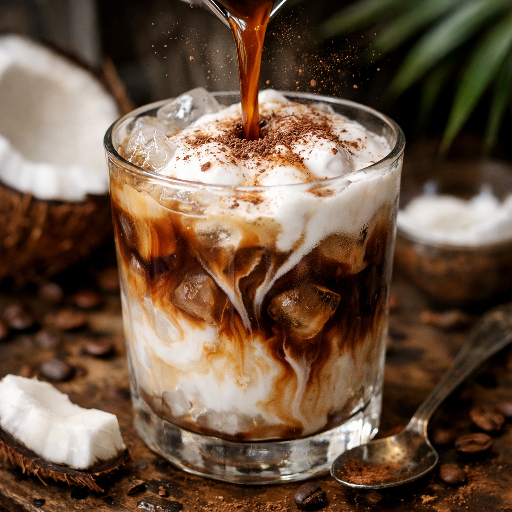 A photorealistic close‑up of a steaming espresso shot being poured over a glass of ice, with a swirl of coconut milk and a sprinkle of cocoa powder on top. Alt: tropical iced latte preparation with espresso and coconut milk.