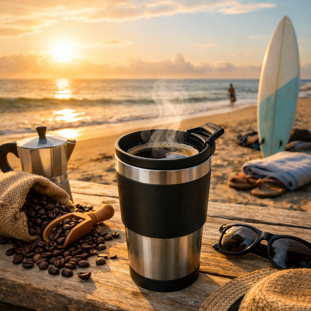 A photorealistic image related to best-coffee-for-beach-mornings. Alt: best-coffee-for-beach-mornings