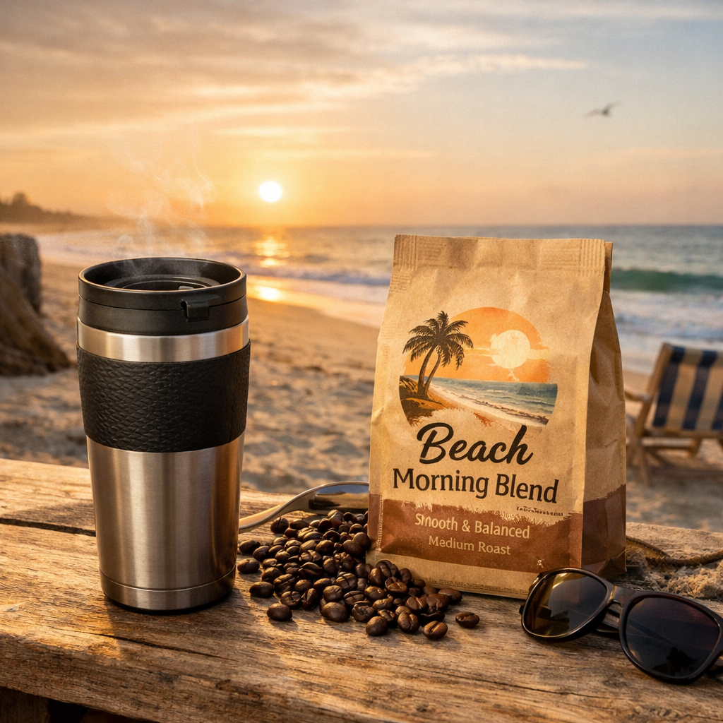 A photorealistic image related to best-coffee-for-beach-mornings. Alt: best-coffee-for-beach-mornings