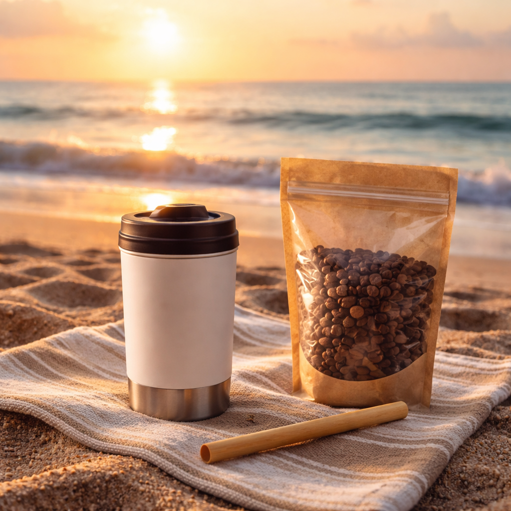 A photorealistic scene of a beach sunrise with a reusable insulated coffee mug, zip‑lock bean pouch, and a bamboo straw placed on a sand towel. Alt: Best coffee for beach sunrise kept fresh and eco‑friendly on the shore.