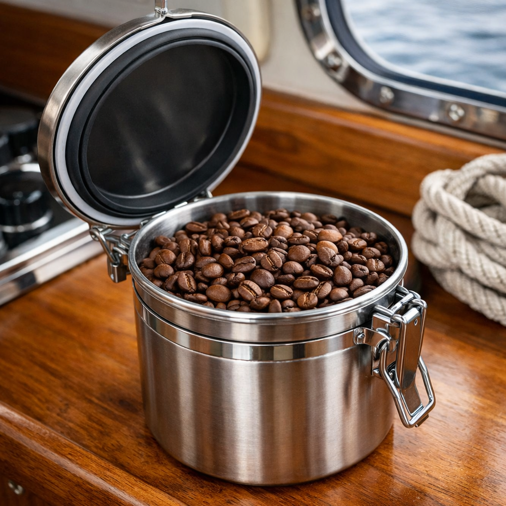 A photorealistic close‑up of a stainless steel coffee canister with a silicone seal, open to show beans, set on a wooden galley countertop. Alt: airtight coffee canister for boat storage