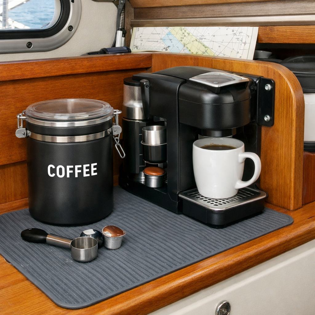 A realistic scene of a small galley shelf with a sealed coffee canister, a compact coffee maker bolted to the side, and a silicone mat on the deck. Alt: organized coffee storage on a boat