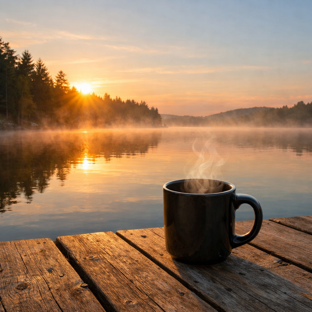 A realistic scene of a calm lake at sunrise with a steaming coffee mug on a wooden dock, mist rising, soft natural light, alt: coffee by water