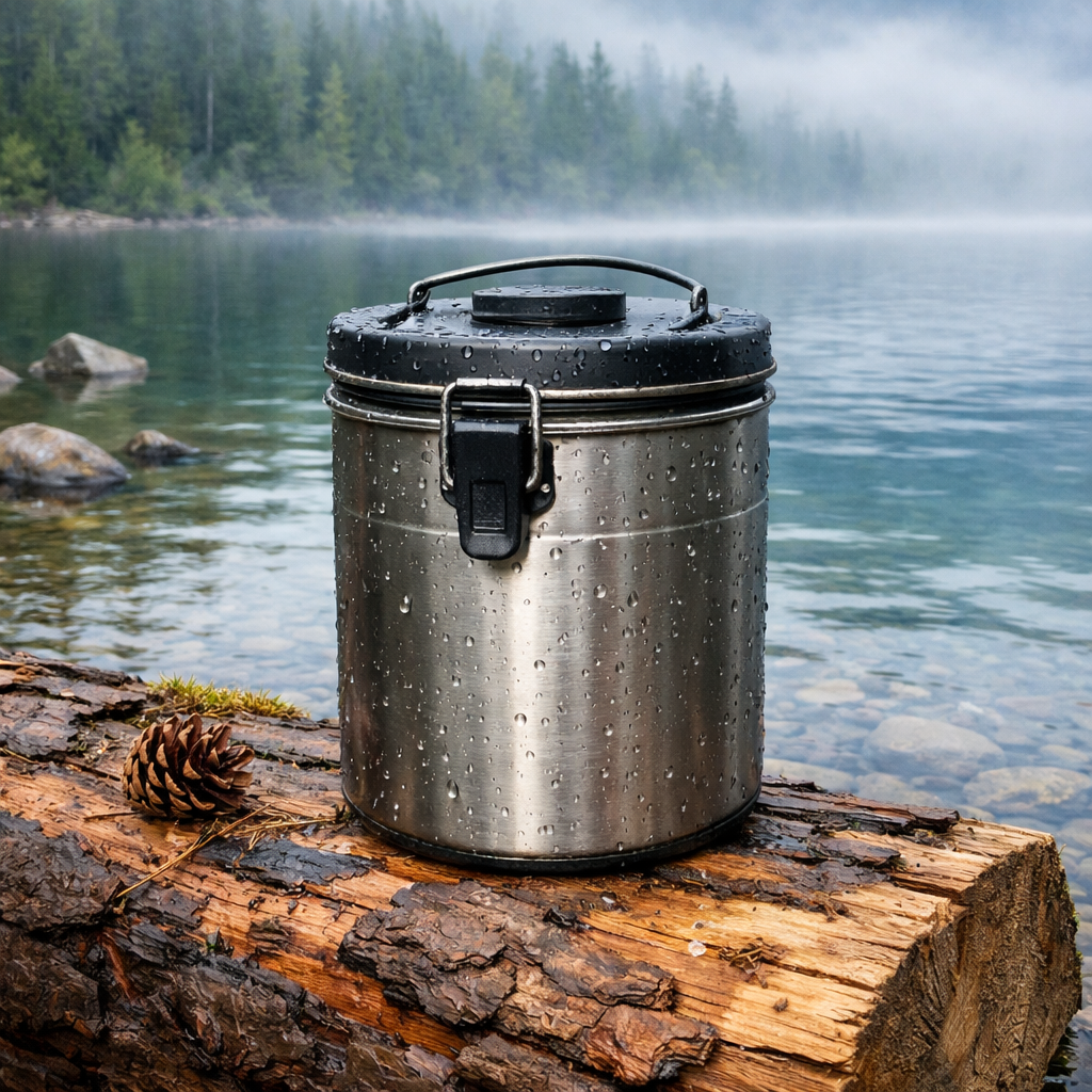 A realistic illustration of a rugged metal coffee can sitting on a pine log beside a clear lake, mist in the background, alt: waterproof coffee can by water