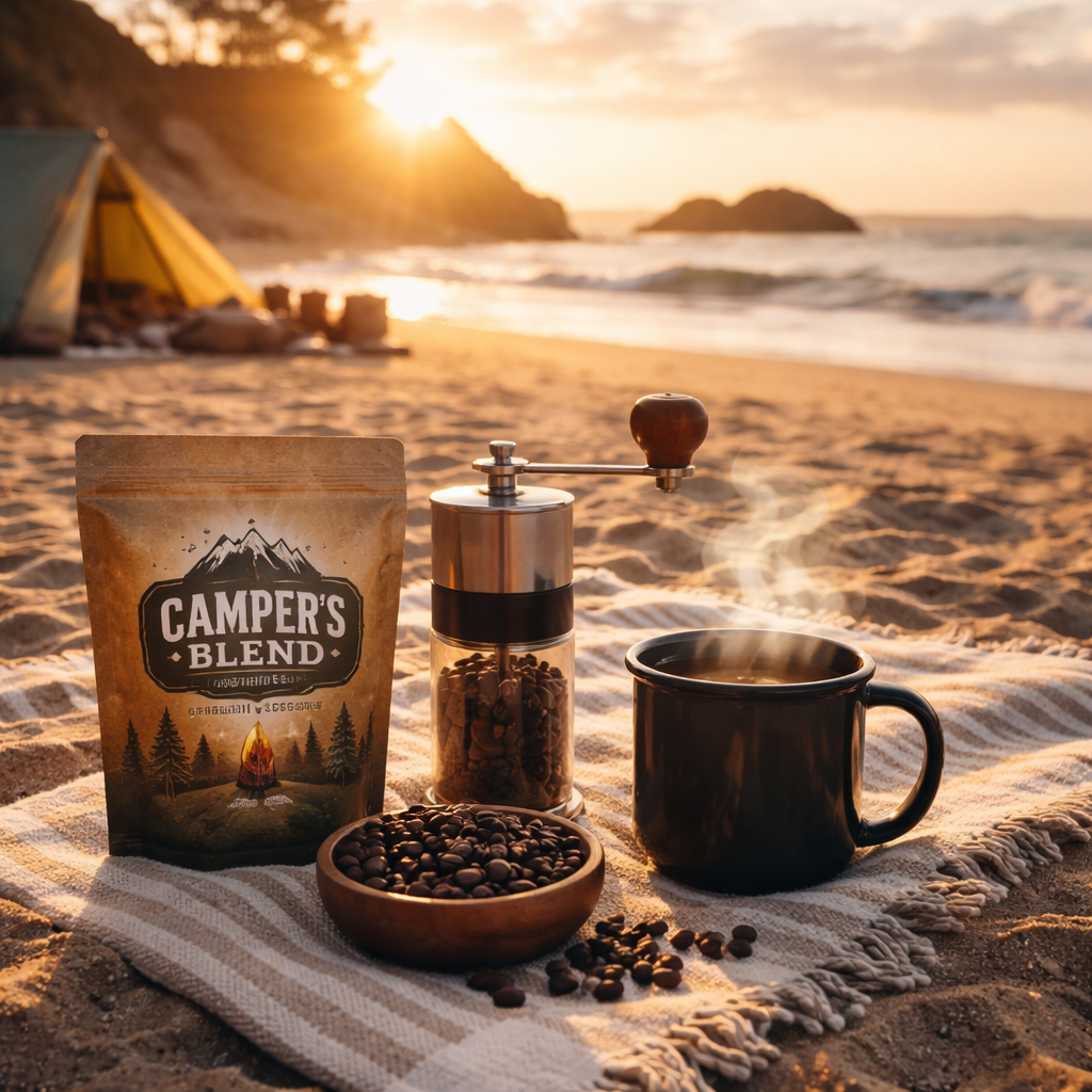 A photorealistic scene of a beach campsite at sunrise, a compact coffee pouch, a hand grinder, and a steaming mug placed on a sand towel, showing the best coffee for camping on the beach. Alt: Beach camping coffee setup with fresh beans and grinder