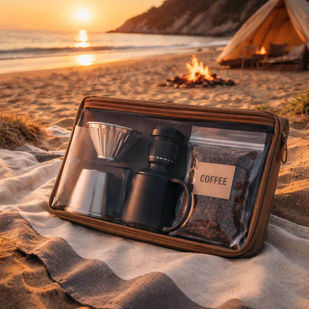 A photorealistic scene of a beach campsite at sunset with a clean, organized coffee kit—dripper, kettle, grinder, and zip‑lock bag—neatly stored in a waterproof pouch beside a sand towel. Alt: Clean and stored coffee gear for beach camping
