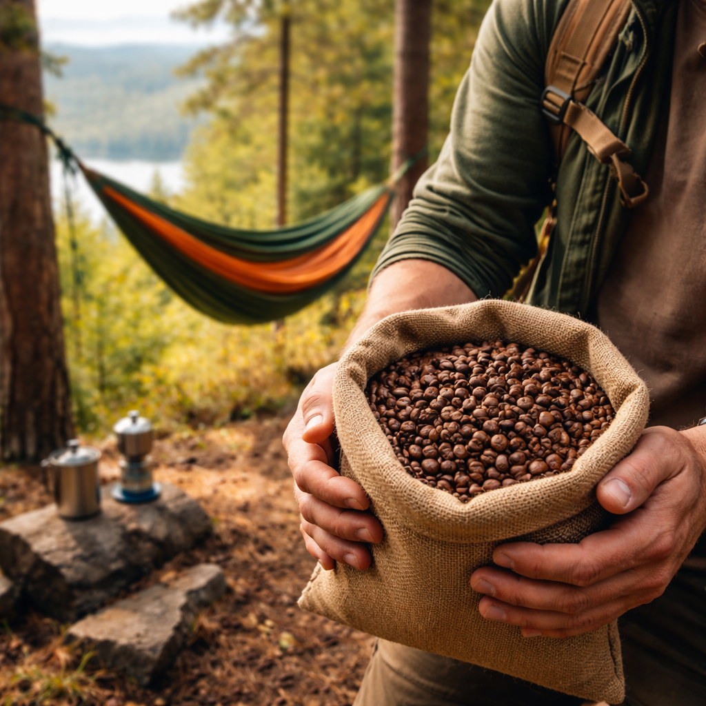 A realistic scene of a hiker holding a bag of fresh coffee beans, with a hammock tied between two trees in the background. Alt: best coffee for hammock camping beans selection