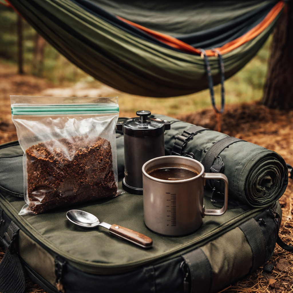 A realistic image of a compact coffee kit packed next to a hammock setup, showing a zip‑lock bag, tiny spoon, and a lightweight mug. Alt: packing smart coffee for hammock camping
