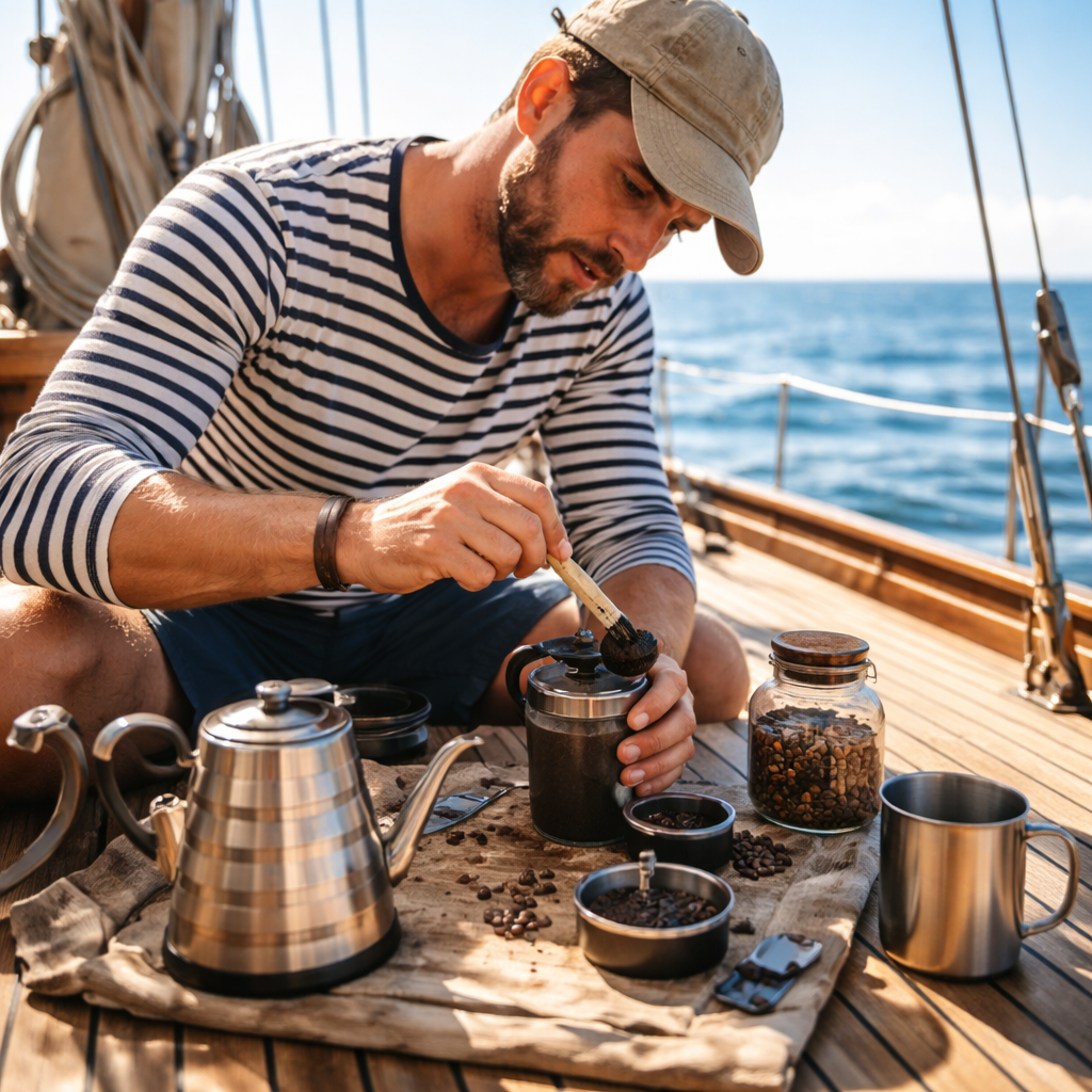 A realistic scene of a sailor cleaning a small coffee grinder on a boat deck, with sea background, bright morning light. Alt: sailor cleaning coffee gear on a sailboat