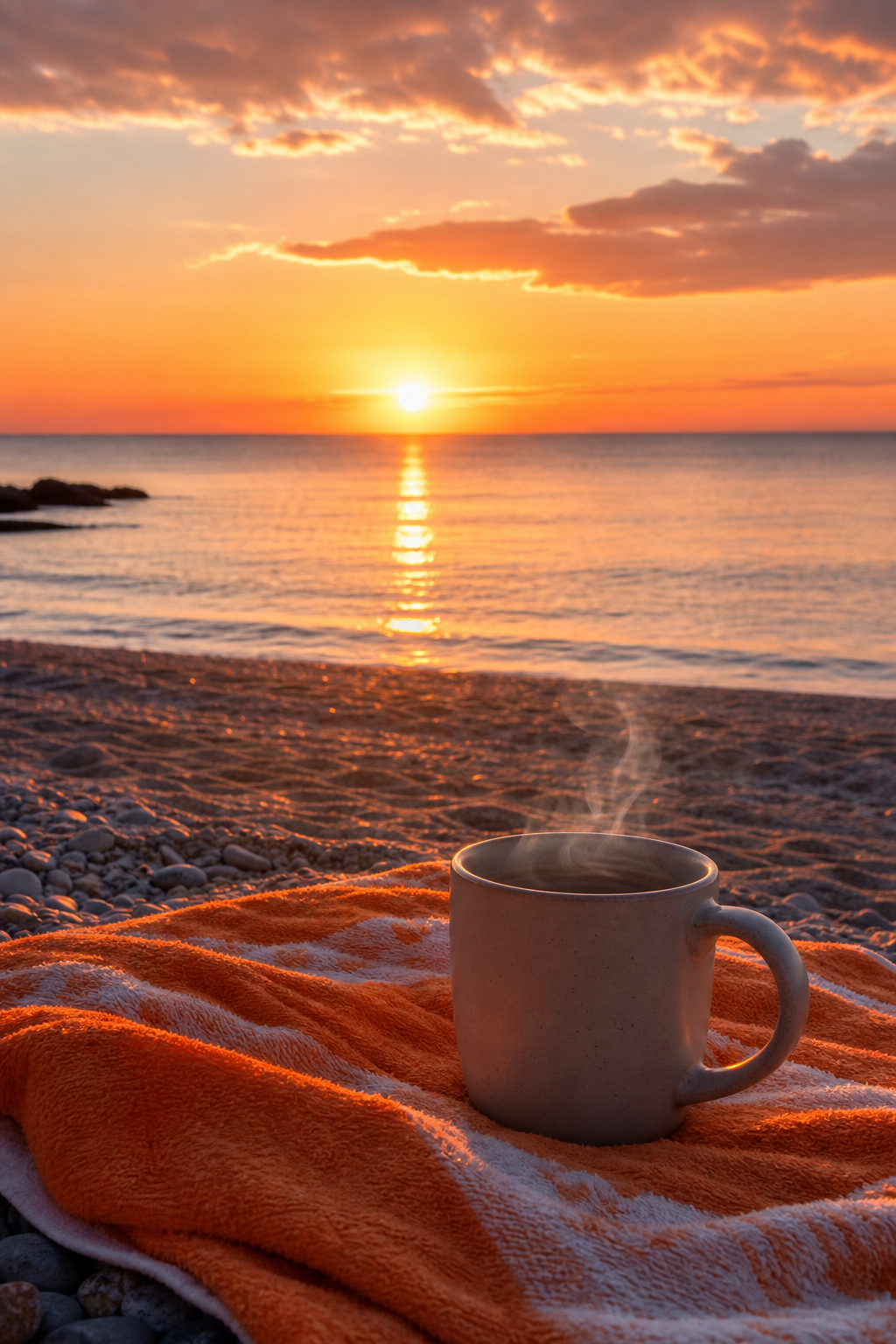 A photorealistic sunrise over a calm ocean, with a steaming coffee mug on a beach towel, the horizon painted in orange and pink. Alt: Sunrise coffee on the beach with Chilled Iguana Coffee Co.