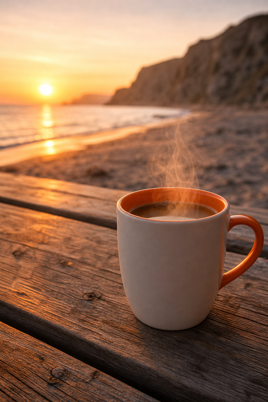 A photorealistic close-up of a coffee mug on wooden beach planks, steam rising, with a soft sunrise blur in the background. Alt: Breakfast Blend coffee on a beach sunrise morning.