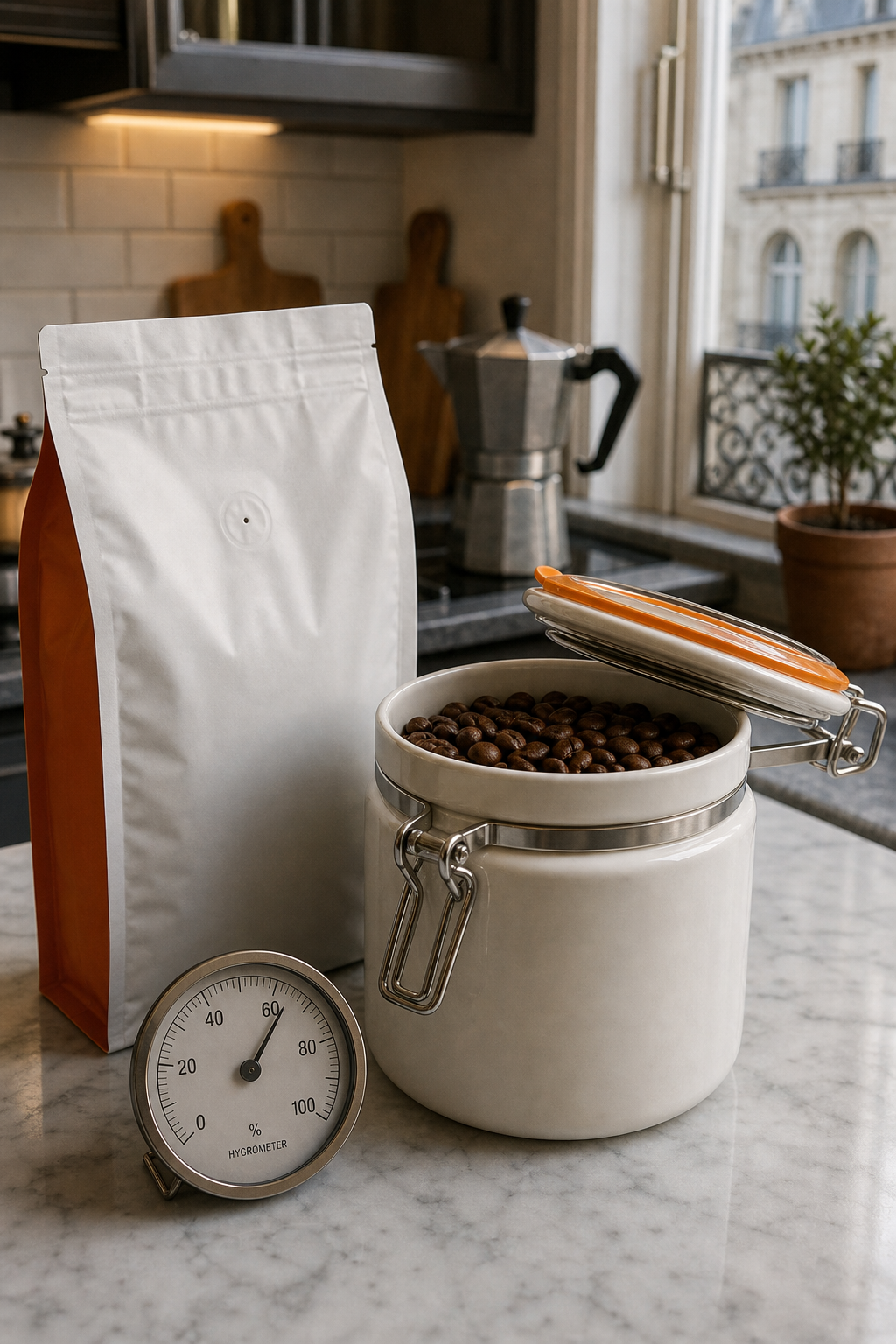 A photorealistic image of a Chilled Iguana Coffee Co. bag and a ceramic canister on a kitchen counter, with a humidity gauge nearby. Alt: Chilled Iguana Coffee Co. beans stored in an airtight ceramic canister