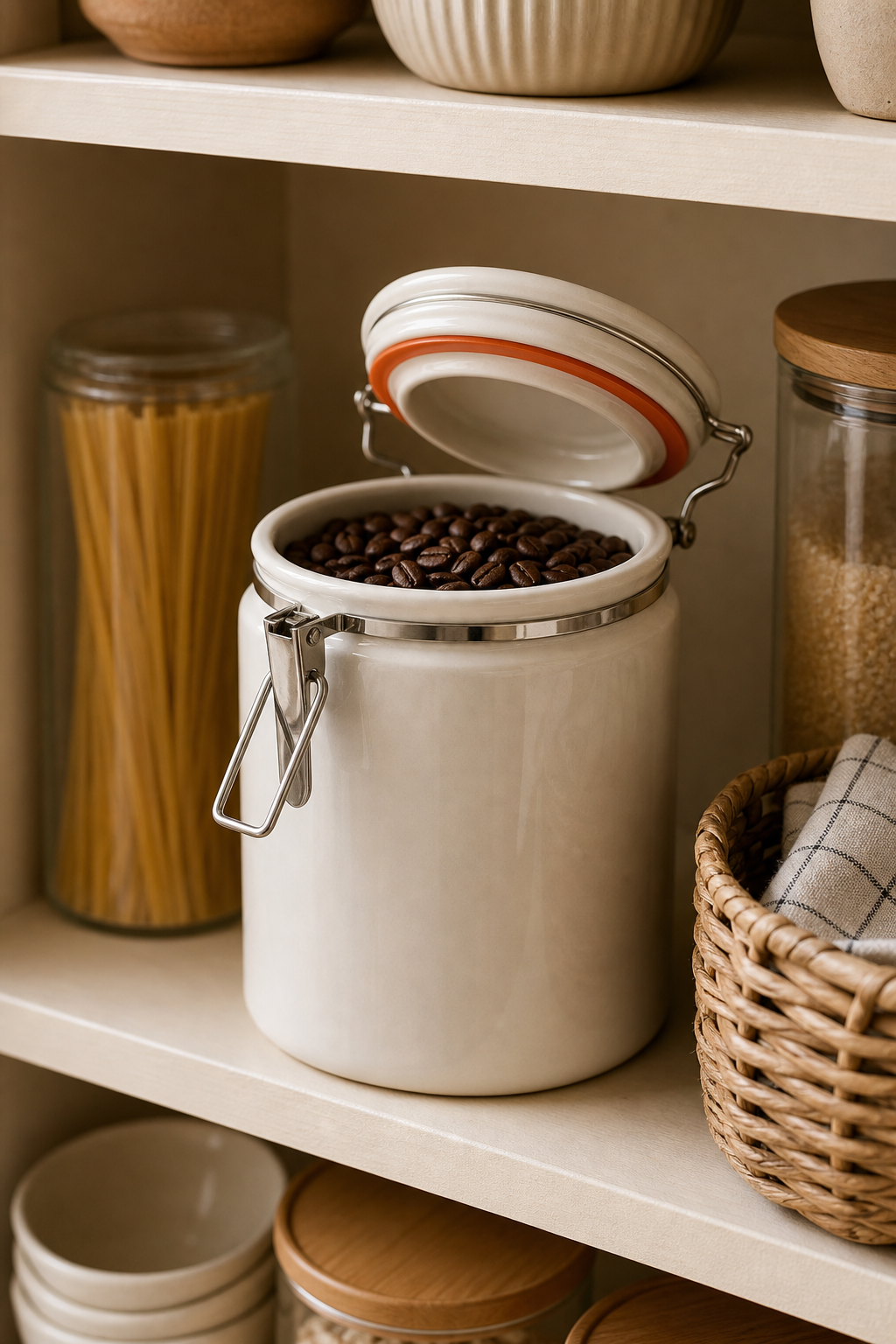 A close-up of a ceramic coffee canister with a silicone seal, placed in a pantry. Alt: Ceramic coffee canister with airtight seal