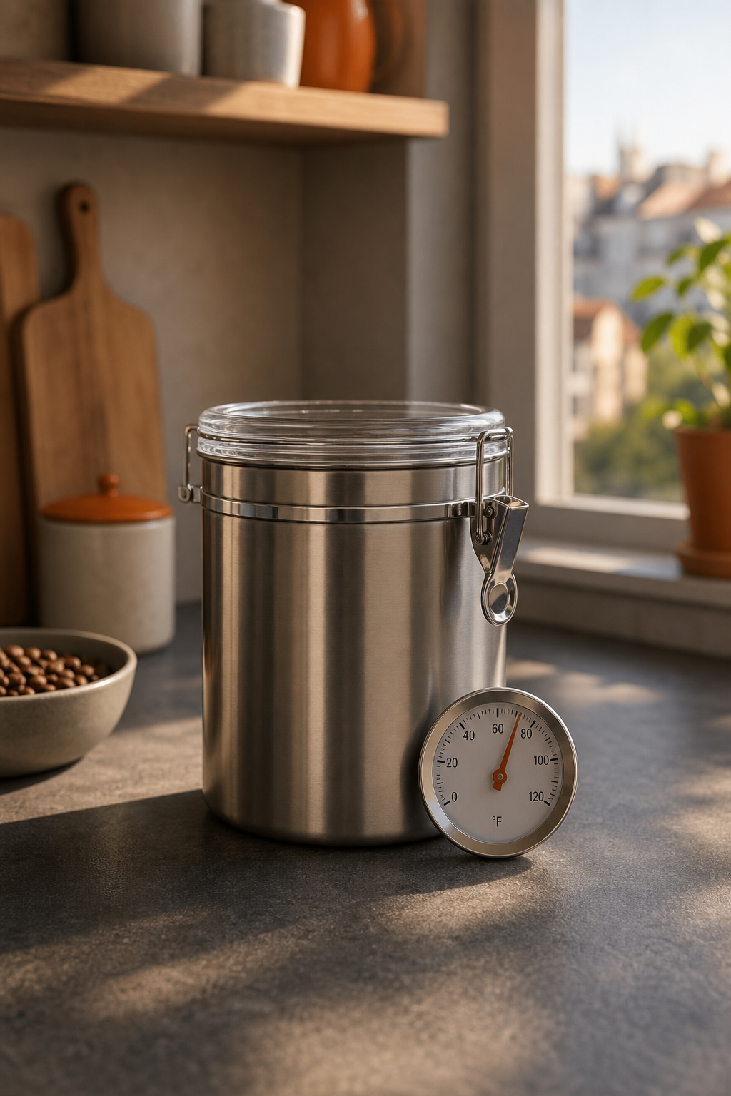 A photorealistic view of a stainless steel coffee canister on a shaded kitchen countertop, with a thermometer showing 70°F, warm afternoon light filtering through a window in the background. Alt: Coffee canister stored in a cool, shaded kitchen area with ideal temperature.