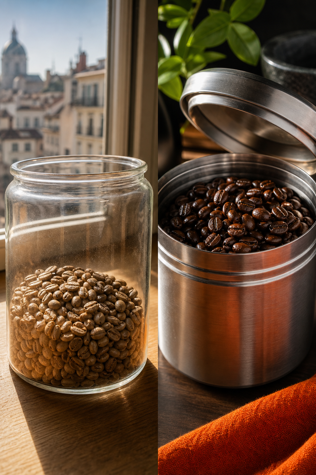 A side-by-side comparison of coffee beans stored in a clear glass jar in sunlight looking pale and dull, versus beans in a stainless steel container looking fresh and oily. Alt: Comparison of coffee beans exposed to light and oxygen versus properly stored, highlighting freshness differences.