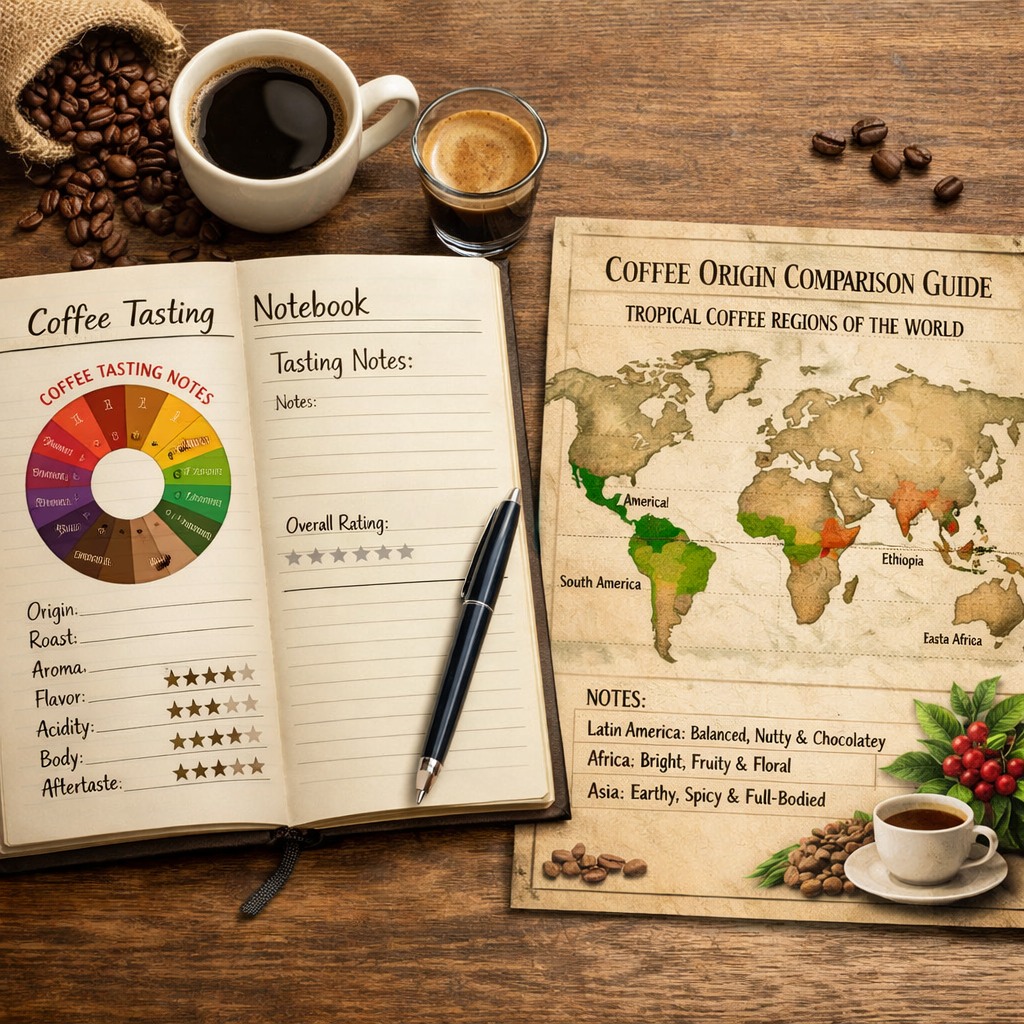 A realistic illustration of a coffee tasting notebook beside a world map highlighting tropical coffee regions, Alt: coffee origin comparison guide