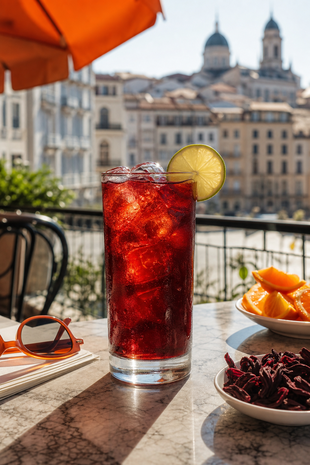A tall glass of deep red hibiscus cold brew coffee with ice and a slice of lime, sunlight streaming through. Alt: Cold brew hibiscus fusion coffee tea blend for hot weather.