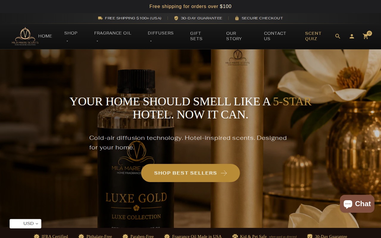 Mila Marie Scents homepage showing luxury cold-air diffuser collection