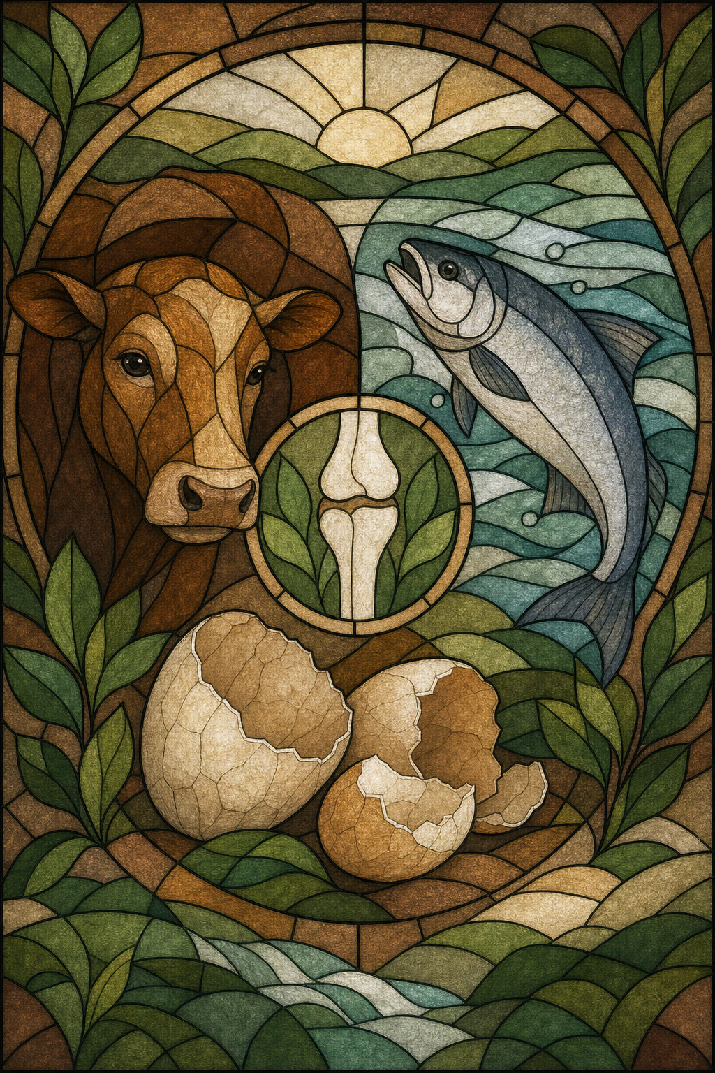 A stained glass style illustration of diverse natural collagen sources including beef, fish, and eggshell arranged in a warm mosaic pattern, with earthy browns and greens and a #63A15E accent, evoking multi-source nutrition and wholeness. Alt: multi-source collagen peptides for skin and joint support, illustrated concept.