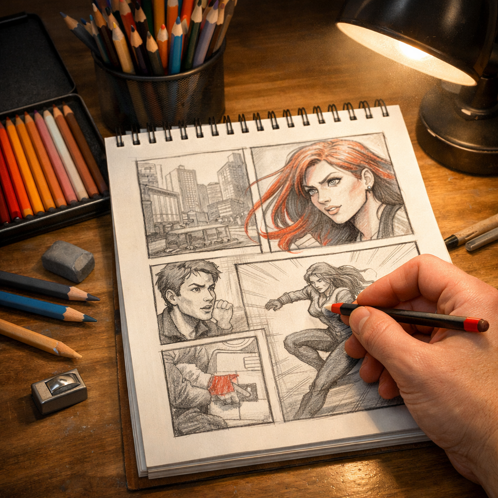 A realistic studio scene showing an artist’s hand holding a soft‑core colored pencil, a sketch pad with comic panels, and a soft light shining on the work area. Alt: best colored pencils for comic shading workspace