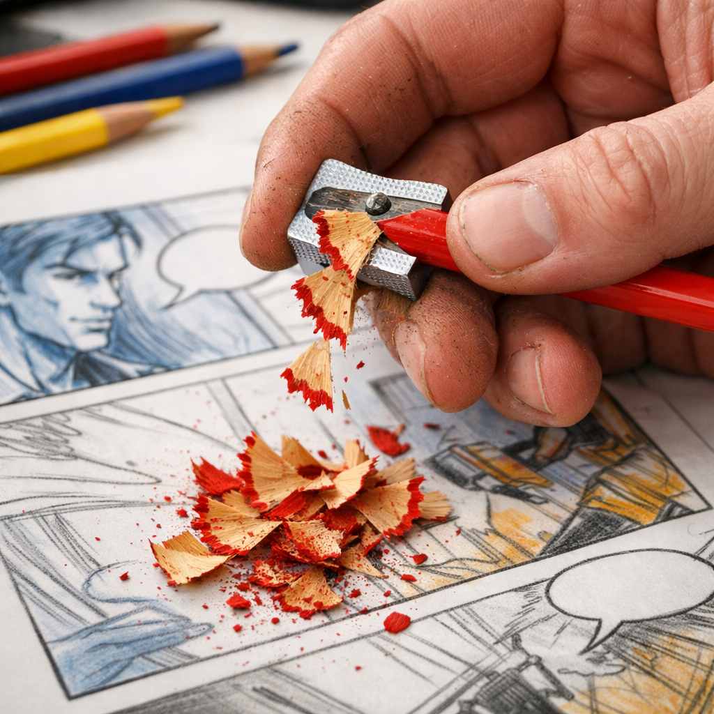 A realistic close‑up of an artist’s hand sharpening a colored pencil, with shavings falling onto a sketch sheet. Alt: testing durability of colored pencils for comic shading