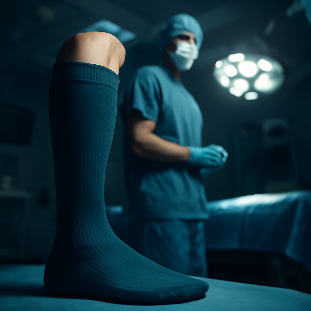 A surgeon standing in an OR, wearing compression socks, with a focus on the sock cuff. Alt: Compression socks in operating room setting.