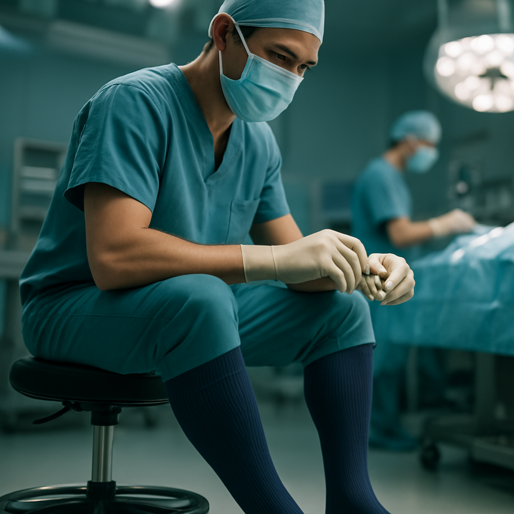 Cinematic, photorealistic image of a surgeon in a bright operating room, wearing premium compression socks during a long procedure; focus on calf compression, fabric texture, and a calm, focused clinician. Alt: Surgeon in OR wearing premium compression socks, 20-30 mmHg, medical-grade fabric.