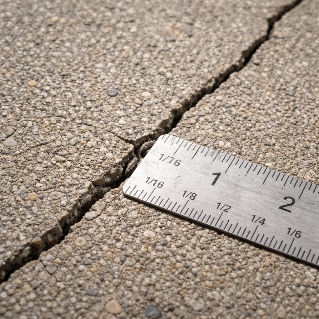 A realistic close‑up of a cracked driveway surface with a ruler measuring a hairline crack, showing texture and depth. Alt: detailed view of driveway crack measurement