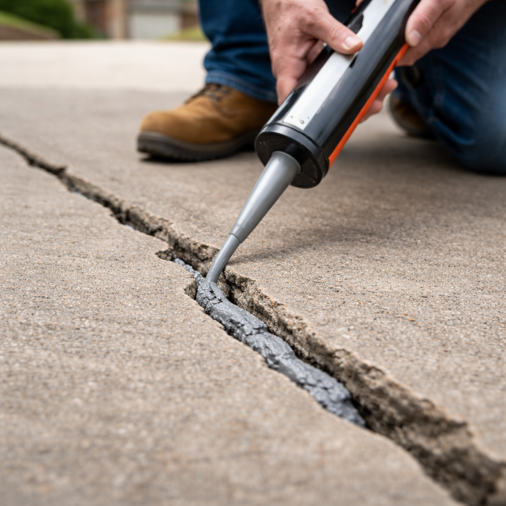 A realistic scene of a homeowner using a caulking gun to apply sealant into a driveway crack, showing close‑up of the product flowing. Alt: applying concrete crack filler with a caulking gun