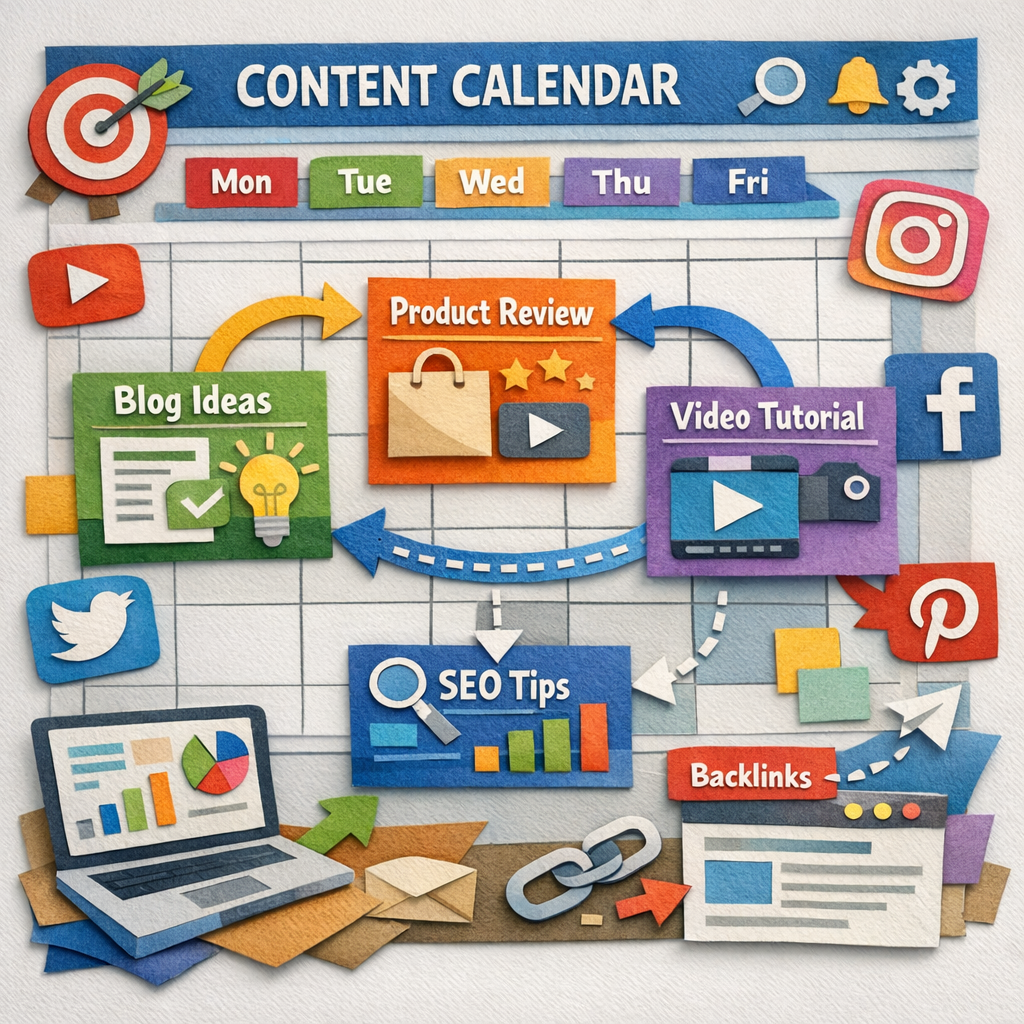 A Papercraft illustration of a sleek digital dashboard displaying a content calendar with AI‑generated topic cards, social‑media icons, and backlink arrows, styled like a paper‑cut collage, appealing to digital marketers and e‑commerce owners. Alt: Best content calendar software visual overview