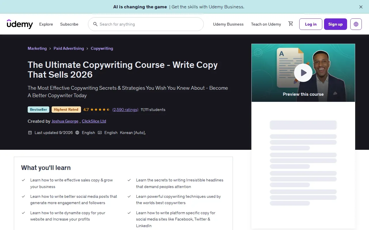 Screenshot of the The Ultimate Copywriting Course Write Copy That Sells by Udemy website