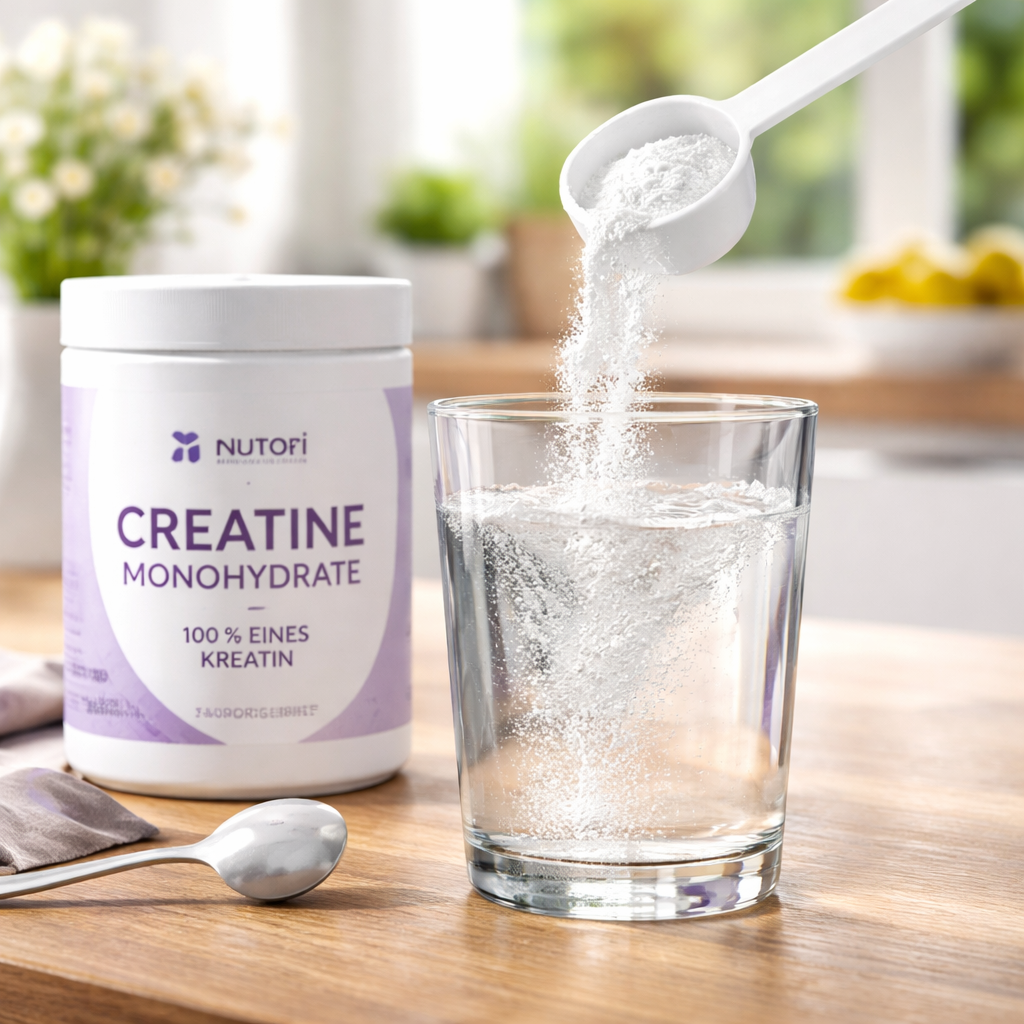 A photorealistic close‑up of a white scoop of micronized creatine powder being poured into a clear glass of water on a wooden kitchen countertop, natural daylight, German kitchen setting, emphasizing purity and mixability. Alt: best creatine monohydrate powder mixed in water