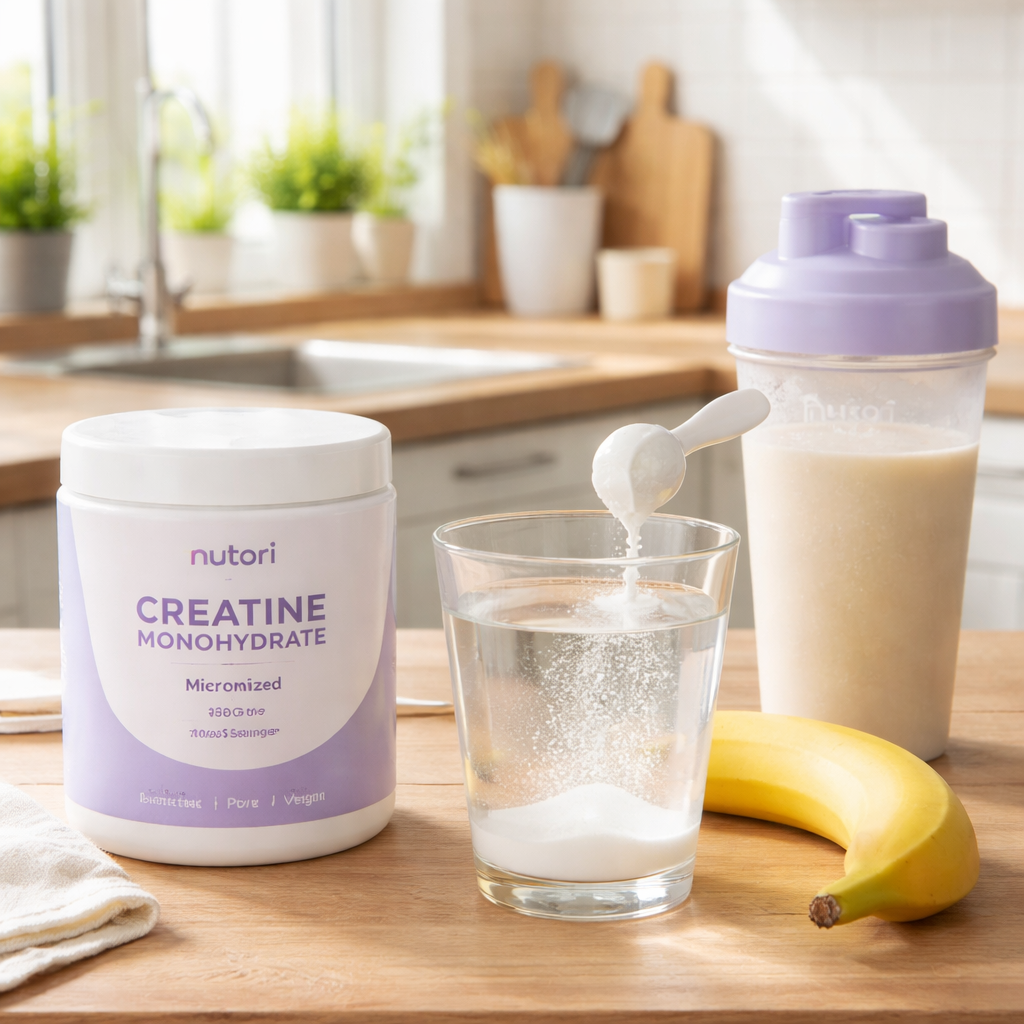 A photorealistic kitchen scene showing a scoop of micronized creatine powder being mixed into a glass of warm water, a banana and a protein shake beside it. Alt: best creatine monohydrate powder mixed in warm water with carbs.